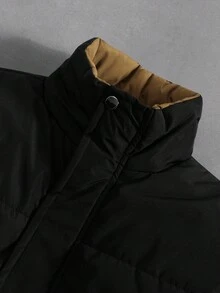 Manfinity EMRG 男士字母和山脉印花立领休闲冬季羽绒服街头风长袖外套，秋季款 - 黑色 - 查看 3