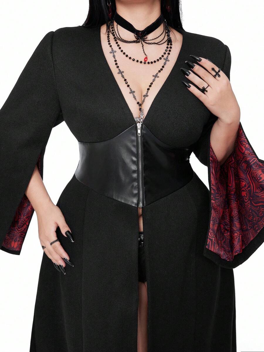 Whyspr Casual Punk V-Neck Long Sleeve Cuff Slit Faux Leather & Wool Blend Zip-Up Punk Style Printed Lining Long Maxi Coat, Plus Size, Black, Autumn/Winter