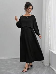 SHEIN 2 件孕妇套装：宽松船领长袖上衣和 A 字腰抽绳裙 - 黑色 - 查看 5