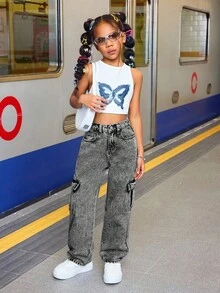 SHEIN 少女休闲宽松牛仔裤，带翻盖口袋和撞色缝线细节，直筒工装裤，适合春夏秋冬穿着。 - 黑色 - 查看 6