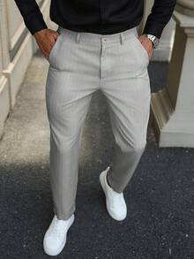Manfinity Bizformal 男士条纹休闲工装斜口袋修身西装裤，男士裤子，男士西装裤，老钱风格 - 灰色 - 查看 4