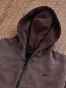 EASEVO Sudadera con cremallera informal para hombre talla grande, sudadera con capucha marrón bordada lavada, otoño, invierno - Marrón - Ver 3