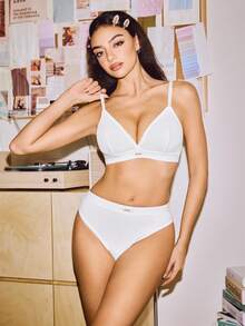 SHEIN Y2K Style Elastic Seamless Triangle Cup Ribbed Comfortable Scalloped Trim High Waist Camisole & Panty Set For Women - White - View 4