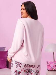 Mean Girls X SHEIN Set pigiama oversize con stampa di lettere e labbra, maniche lunghe, comodo e confortevole, adatto per l'autunno, abbigliamento da casa e da notte per donne taglia grande