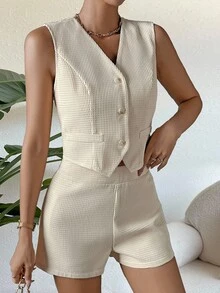 Chiquease Solid Button Front Vest Blazer & Shorts - Apricot - View 3