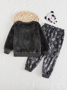 Cozy Pixies 2pcs/Set Young Boy Cartoon Penguin Print Crew Neck Long Sleeve Sweatshirt And Elastic Waist Thermal Lined Jogger Pants,Winter,Family Matching Fall - Grey - View 2