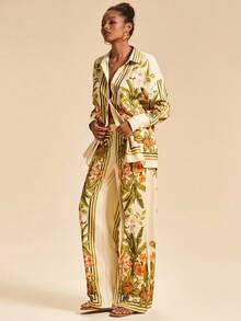 Travachic Bộ 2 món áo sơ mi dài tay họa tiết nhiệt đới và quần dài, trang phục thu đông, bộ đồ hai mảnh, đồ đi biển nữ, đồ mặc đi nghỉ, trang phục đi biển cho nữ - Màu vàng - Xem 1