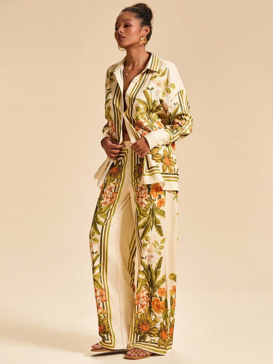 Travachic Bộ 2 món áo sơ mi dài tay họa tiết nhiệt đới và quần dài, trang phục thu đông, bộ đồ hai mảnh, đồ đi biển nữ, đồ mặc đi nghỉ, trang phục đi biển cho nữ - Màu vàng - Xem 1