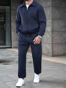 Manfinity CasualCool Men's Autumn Outdoor Clothing,2025 Men's Clothing For Autumn,Men's Popular Casual Suit, INS Matching Mature Basic Casual Business Zip-Up Jacket, Drawstring Jogger Pants, Suitable For All Seasons, Suitable For Work And Daily Matching, Essential Gift For Boyfriend Husband, Casual Wear,Fall Clothes