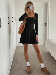 Easowa Square Neck Contrast Trim Long Sleeve Fitted Waist A-Line Flare Casual Relaxed Elegant Office Lady Vintage Mini Dress Black Mini Dress Long Sleeve Black Dress Black Dress Casual Black Dress Cute Black Dress Winter Dresses For Women Women's Winter Clothes