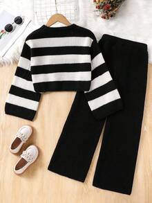 SHEIN 青少年女孩条纹针织两件套，毛衣和裤子套装，时尚休闲冬季服装 - 黑色 - 查看 2