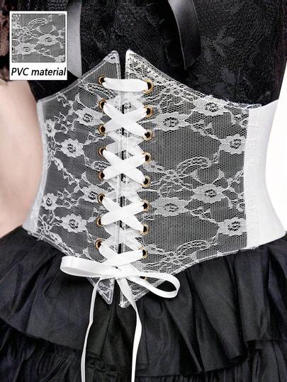 Goth 1pc White PVC Lace Decor Elastic Waist Belt, Hexagon Waist Cincher Accessory Dress, Versatile For Everyday Wear