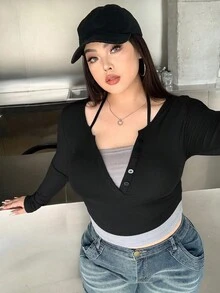 DAZY Áo thun tay dài cài nút phía trước cỡ lớn mùa hè - màu đen - Xem 1