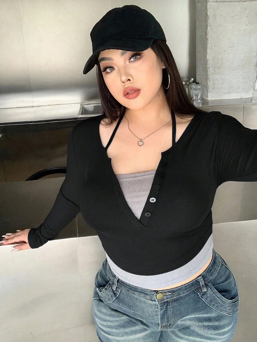 DAZY Áo thun tay dài cài nút phía trước cỡ lớn mùa hè - màu đen - Xem 1