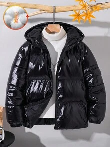 SHEIN 1 Piece Tween Boy Casual Sports College Simple Hooded Black All-Match Padded Coat With Shiny Fabric, Winter Coat, Quilted Coat Jacket Suitable For Kids Outfits Toddler Boy Clothes Back To School Boys Set Suitable For Birthday Parties, Evening Parties, Performances, Weddings, Baptisms, Opening Ceremonies Daily Suitable For Daily Use Suitable For School Suitable For Travel  Suitable For Autumn And Winter Seasons Winter Coats Down Coats Y2k Coat Streetwear Fall - Black - View 6