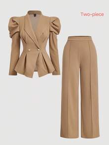 SHEIN MOD 女士两件套棕色复古喇叭袖修身西装外套和直筒裤，节日女装，女装，新年，优雅套装，秋冬新年装扮 - 棕色 - 查看 1