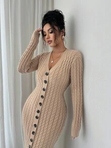 Elenzga 优雅纯色修身长袖纽扣女式毛衣连衣裙 - 卡其色 - 查看 5