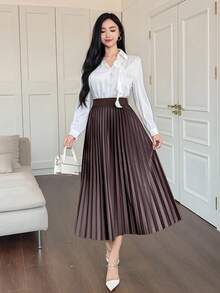 DAZY 女士优雅褶裥A字裙，秋冬女装半身裙 - 棕色 - 查看 3