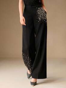 Anewsta 时尚女式串珠口袋宽腿宽松裤 - 黑色 - 查看 1