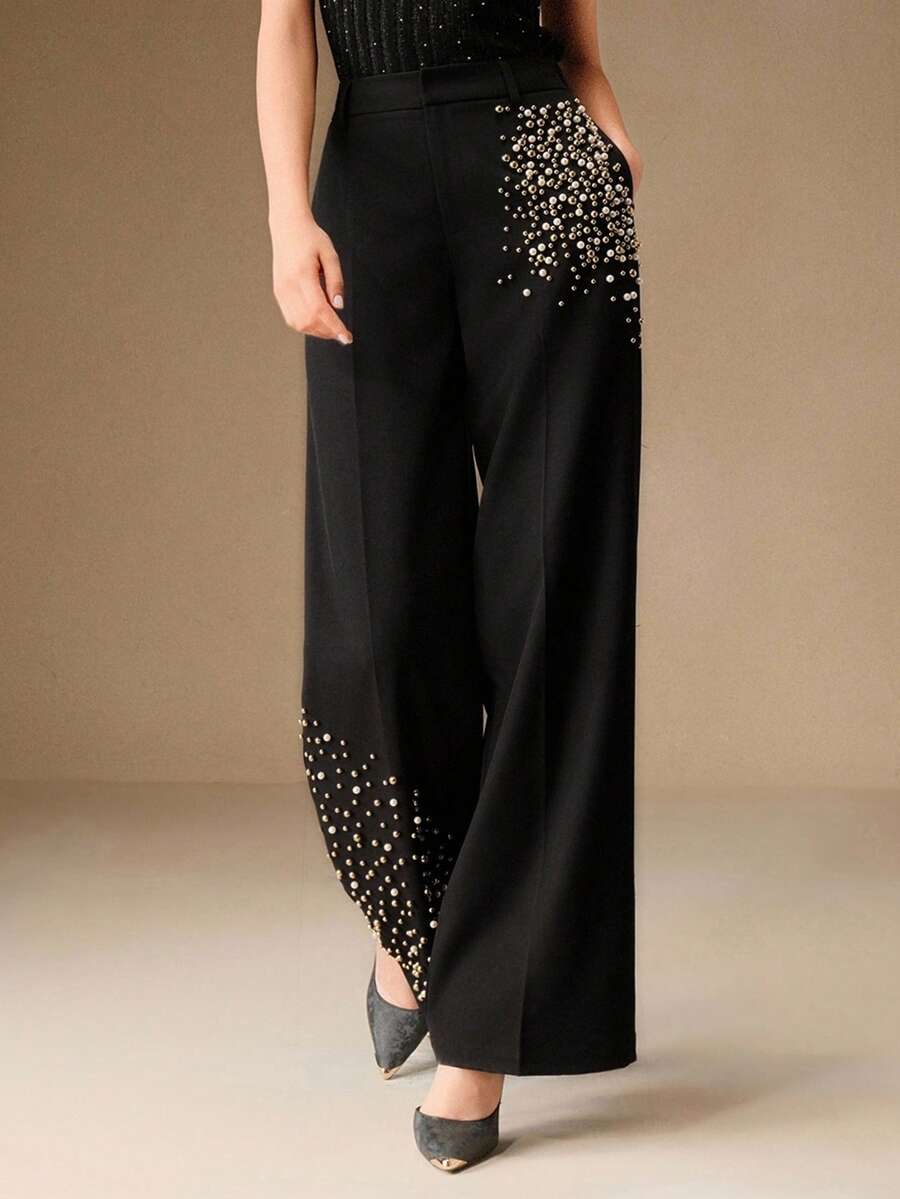 Anewsta 时尚女式串珠口袋宽腿宽松裤 - 黑色 - 查看 1