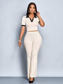 SOLERSUN Autumn And Winter Women's Wear Daily Leisure Commuting Apricot Knitted Velvet Jacquard Fabric Short Sleeves Polo Neck V Neck Collar And Cuffs Contrast Color Flared Pants Suit Fitted Two Pieces Suit Fall Cloth For Women