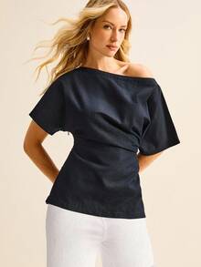 Daynim 女式休闲不对称领收腰牛仔衬衫 - 深色水洗藍 - 查看 4