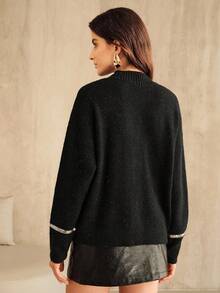 Anewsta Suéter oversize de mujer de alta gama con mariposa de lentejuelas, jersey de cuello alto de punto a la moda para otoño/invierno, elegante, chic, estiloso, adecuado para Navidad, Año Nuevo, salir - Negro - Ver 2