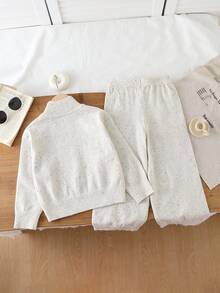 SHEIN 2 件套年轻女孩时尚特种纱线针织毛衣上衣和宽松裤子套装，秋冬 - 白色 - 查看 6