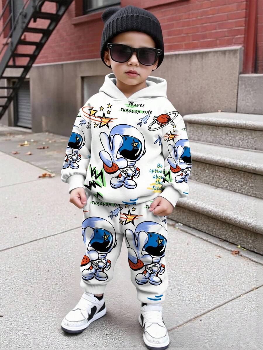 SHEIN 2 件套年轻男童休闲时尚经典时尚宇航员图案印花宽松套头连帽运动衫套装，适合秋冬季 - 彩色 - 查看 1