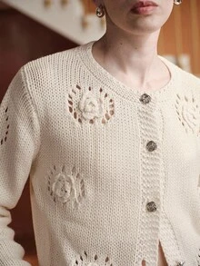 Uhlyne Uhlyne Áo len cardigan dáng ôm màu be, cổ tròn, tay dài, tay lỡ, phong cách Pháp, lãng mạn, tối giản, thanh lịch, thoải mái, thường ngày, đa năng, thủ công 3D, phù hợp cho mùa thu/đông - Màu be - Xem 9