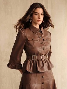 Anewsta Áo cánh dài tay nhún bèo PU cho nữ, phong cách công sở thanh lịch & thường ngày, mùa thu/đông - Màu Khaki - Xem 6