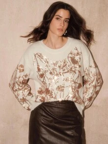 Anewsta Pulover supradimensionat, tricotat moale, cu broderie florală și mărgele, guler rotund, croială lejeră, potrivit pentru toamnă, iarnă, primăvară, Anul Nou, petrecere, nuntă, elegant, șic, stilat, casual, confortabil - cafea maro - Vizualizare 1