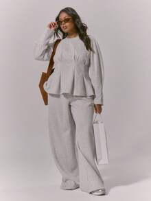 MUSERA Plus Cinched Waist Flared Hem Balloon Sleeve Sweatshirt Top Only Classy Cute Sexy Streetwear Night Out Curve Spring Casual - Grey - View 4