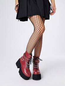 ROMWE Grunge Punk Botas de tobillo con suela gruesa y tacón ancho de estilo punk para mujer, con decoración de cadena metálica gótica, plataforma, botas de combate cómodas, para Halloween