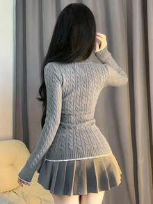 Women's Textured Cable Knit Sexy Fitted Sporty Sweater, Color Block Lace Patchwork Stand Collar Casual Cardigan, Autumn/Winter - Grey - View 13