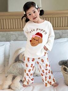 2pcs/Set Young Girl' Casual Cute Puppy Graphic Long Sleeve Top And Pants Pajama Set, Spring/Autumn Fall Winter - White - View 1