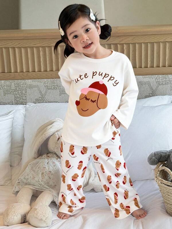 2pcs/Set Young Girl' Casual Cute Puppy Graphic Long Sleeve Top And Pants Pajama Set, Spring/Autumn Fall Winter