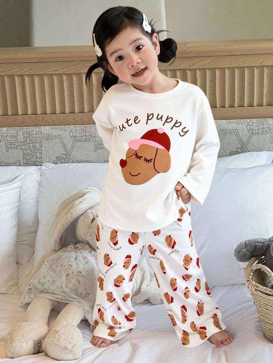2pcs/Set Young Girl' Casual Cute Puppy Graphic Long Sleeve Top And Pants Pajama Set, Spring/Autumn Fall Winter - White - View 1