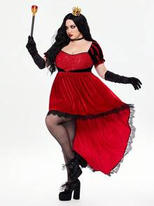 ROMWE Avant 加大码万圣节红心皇后亮片蕾丝喇叭裙，适合派对穿着，加大码万圣节服装连衣裙，加大码派对节日服装