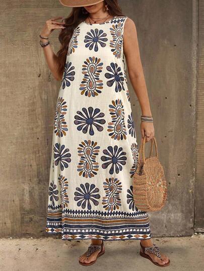 EMERY ROSE Plus Size Women's Summer Countryside Vacation Round Neck Sleeveless Floral Print Dress,Summer Holiday,Vacation Outfits Women,Simple And Fashionable For Everyday Wear,Vacay Vibes,Springbreak,Casual Wear SS,Bohemia,Sun Dresses For Women,Holiday Outfits For Women