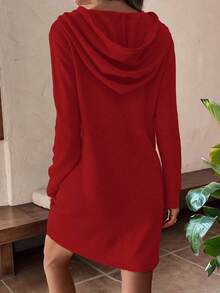 EMERY ROSE 女士休闲纯色连帽长袖针织毛衣裙 - 紅色 - 查看 2