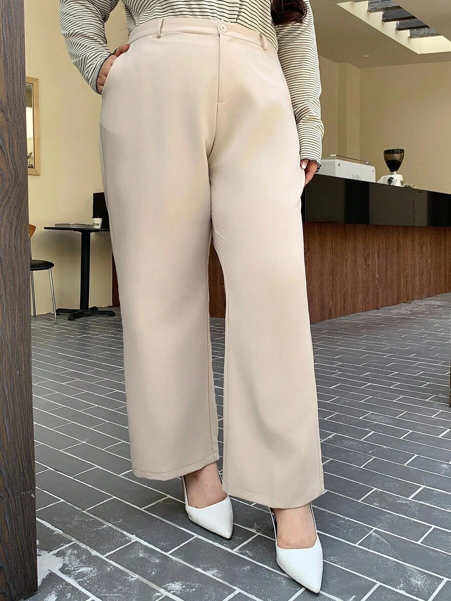 Dazy Plus Bộ đồ bó màu trơn cỡ lớn & quần ống đứng, quần dài cho nữ mọi mùa Thu - Màu be - Xem 1