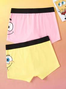 SpongeBob SquarePants | SHEIN 2pcs Men's Yellow & Pink Comfortable Breathable Cartoon Pattern Boxer Briefs,Casual Shorts,Basic Casual Boxer Brief, Men Boxers Pack, Cartoon Underwear - Multicolor - View 2