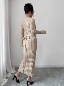 Elenzga 优雅纯色修身长袖纽扣女式毛衣连衣裙 - 卡其色 - 查看 2