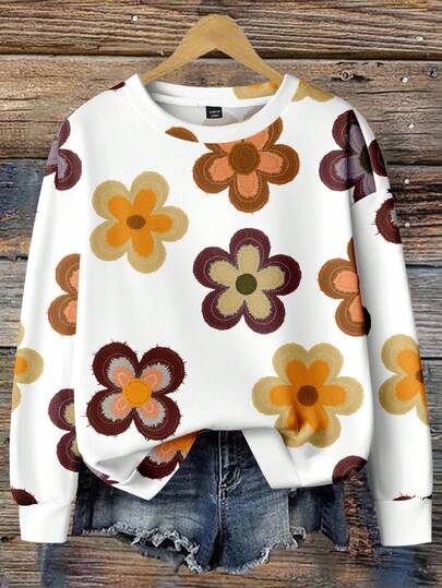 EMERY ROSE Sudadera con estampado floral texturizado de talla grande para mujeres, ideal para el festival de música y el regreso a la escuela en otoño/invierno