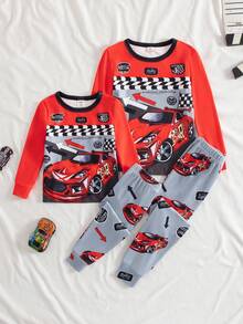 2pcs Baby Boy Punk Racing Car Graphic Knit Crew Neck Long Sleeve Top And Snug Fit Pants Set, Autumn/Winter Fall - Multicolor - View 1