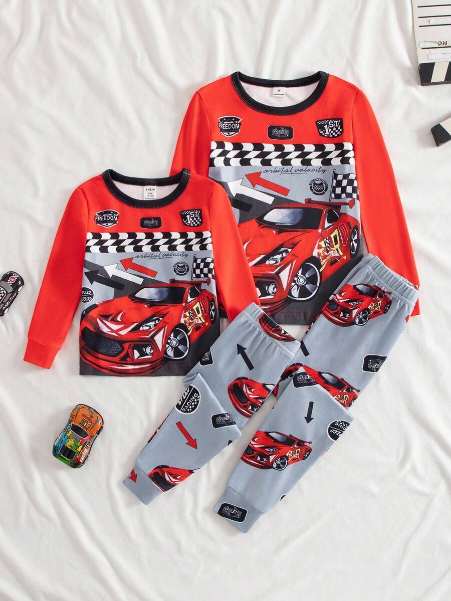 2pcs Baby Boy Punk Racing Car Graphic Knit Crew Neck Long Sleeve Top And Snug Fit Pants Set, Autumn/Winter Fall - Multicolor - View 1