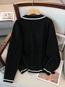 Regalyn Cardigan tricoté à manches longues, col en V, polyvalent et décontracté, avec boutons et bordure contrastée, taille grande