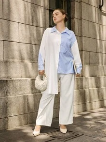 Calvaya Plus Size Women's New Commuting Elegant Casual Striped Patchwork Asymmetrical Long Sleeve Blouse Fall Cloth For Women - Multicolor - View 4