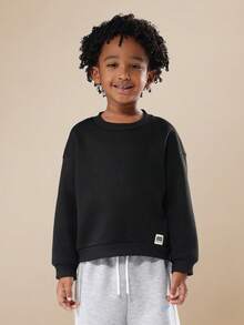 SUMWON 经典儿童圆领运动衫长袖套头衫休闲冬季秋季日常必备舒适运动衫 - 黑色 - 查看 2